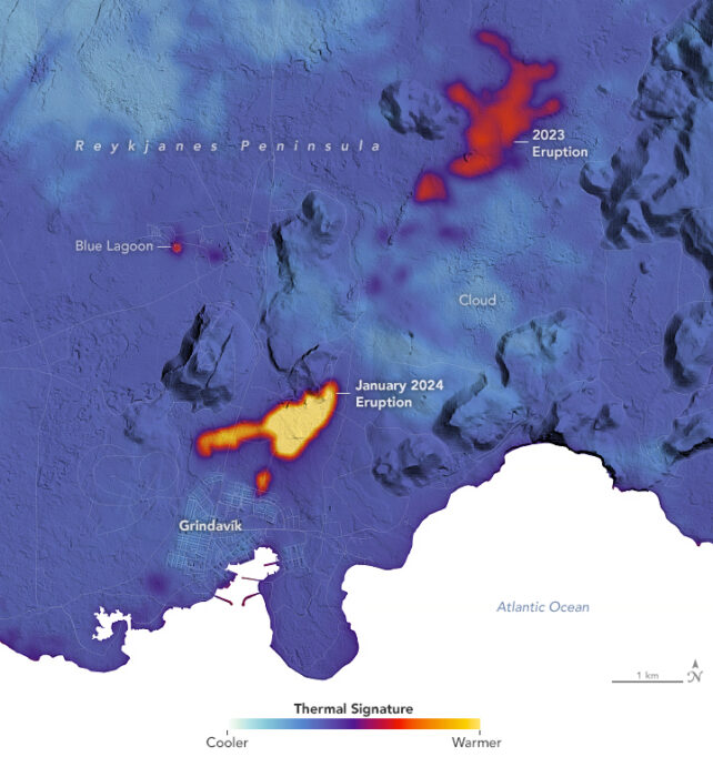Map showing land surface in blue, and hotspots of volcanic activity in red and yellow.