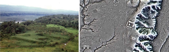 Earth platforms complex of Nijiamanch on the right bank of the MiddleUpano. Drained fields are visible around the artificial mounds on the LIDAR image.