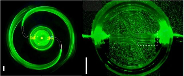 Panel of two images showing water flows illuminated by green lasers in two sprinkler set-ups.