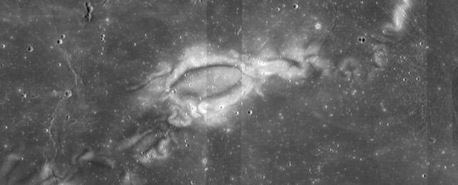 Black and white close up satellite image of Reina Gamma lunar swirl.
