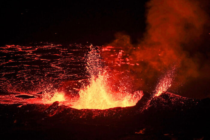 Close up of erupting lava from fissure of volcano