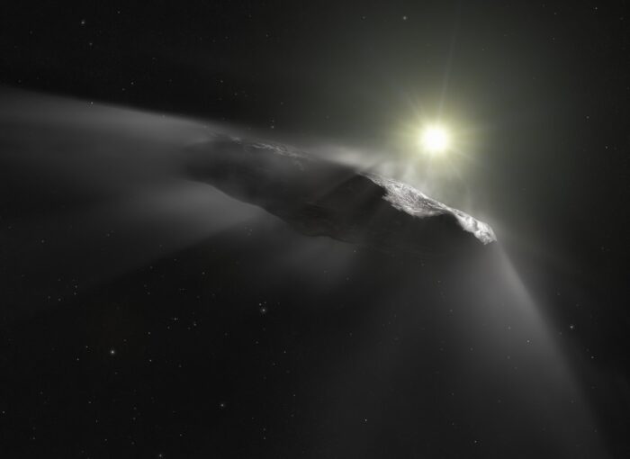 Artist's impression of the interstellar object, `Oumuamua, experiencing outgassing as it leaves our Solar System
