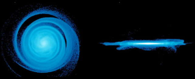diagram of spiral galaxy from above and the side, showing waves