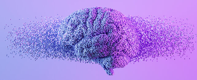 brain made of tiny purple and pink blocks