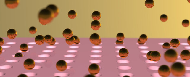 spheres falling onto a grid of holes