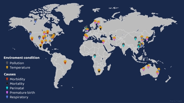 world map with morbities caused by pollution and temperatures