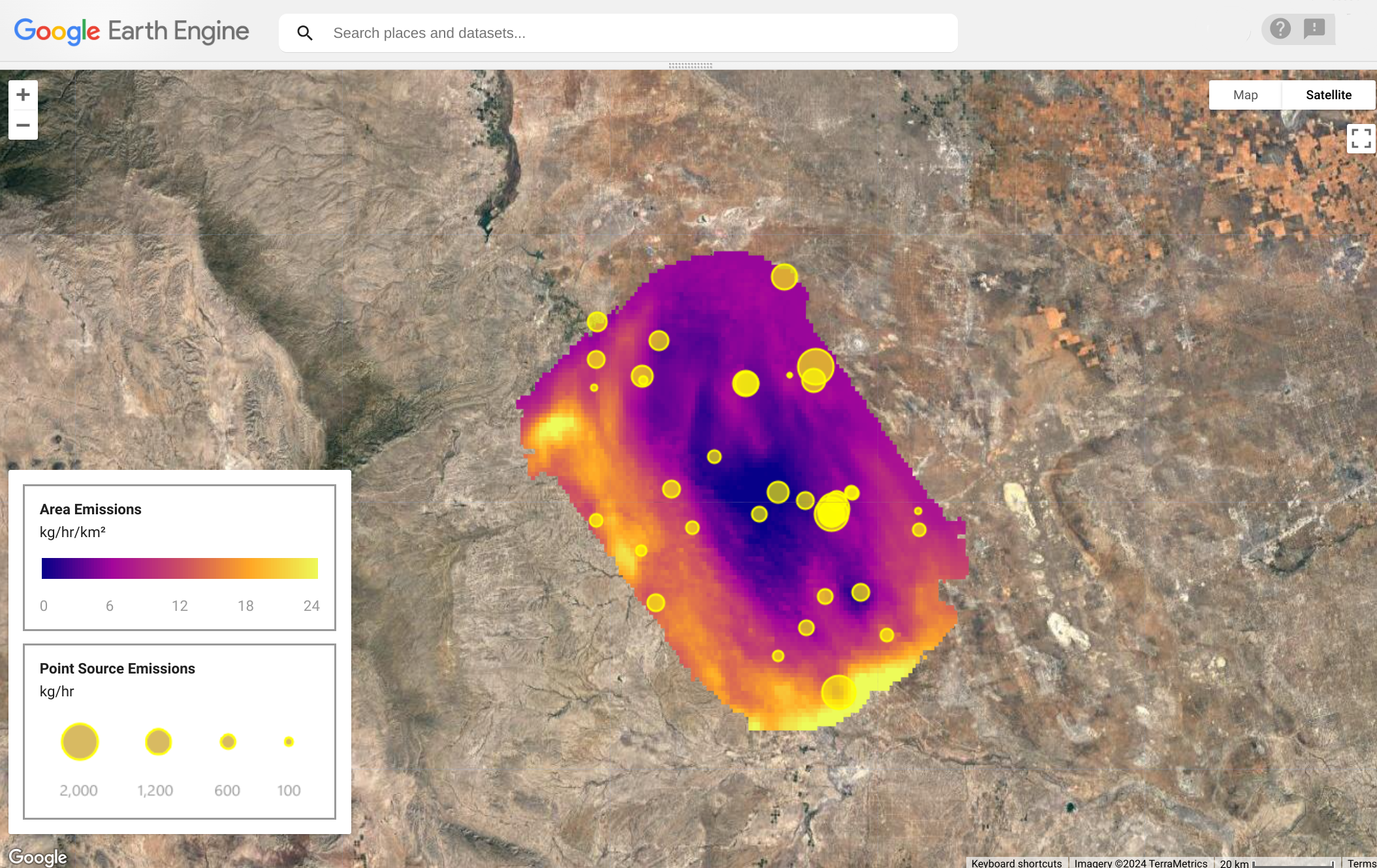 Yellow dots indicate emission sources on map