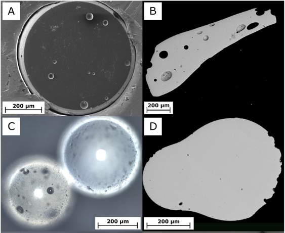 Panel of four black and white images showing spherical and elongated glass particles.