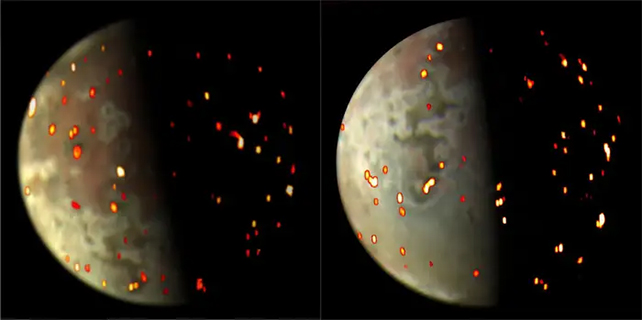 two images of Io covered in red dots depicting active volcanos