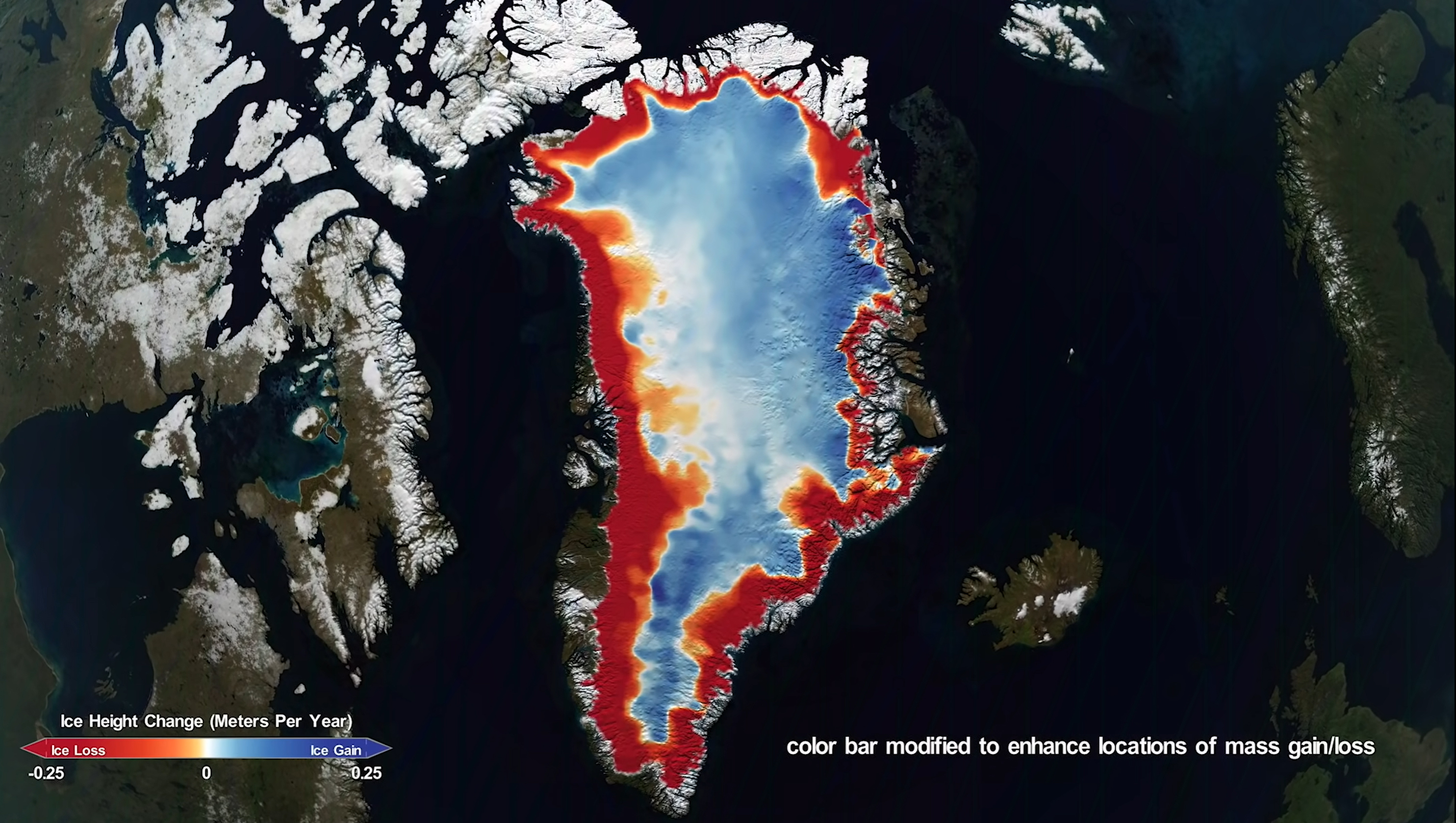 Change of ice in Greenland over 16 years marked in red for loss and blue for gain