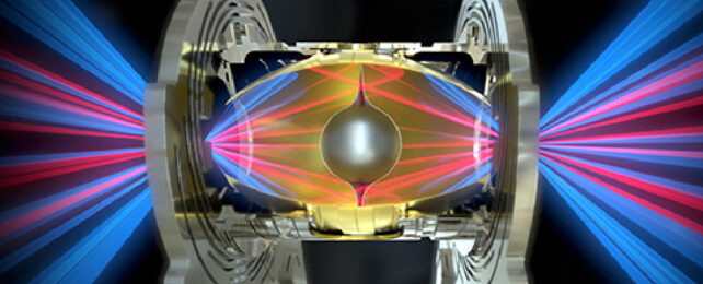 Illustration of tiny metal capsule being bombarded with lasers.