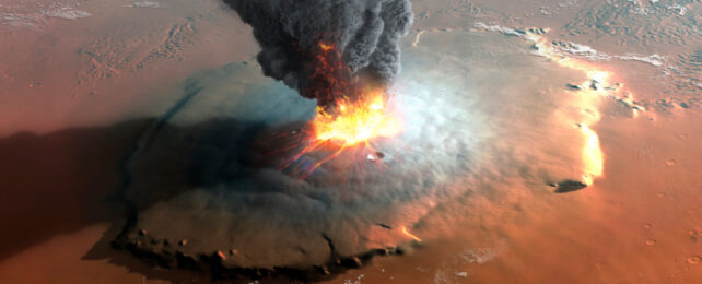 Illustration looking down on the erupting Olympus Mons shield volcano on Mars.