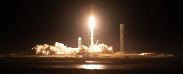 A rocket launching at night