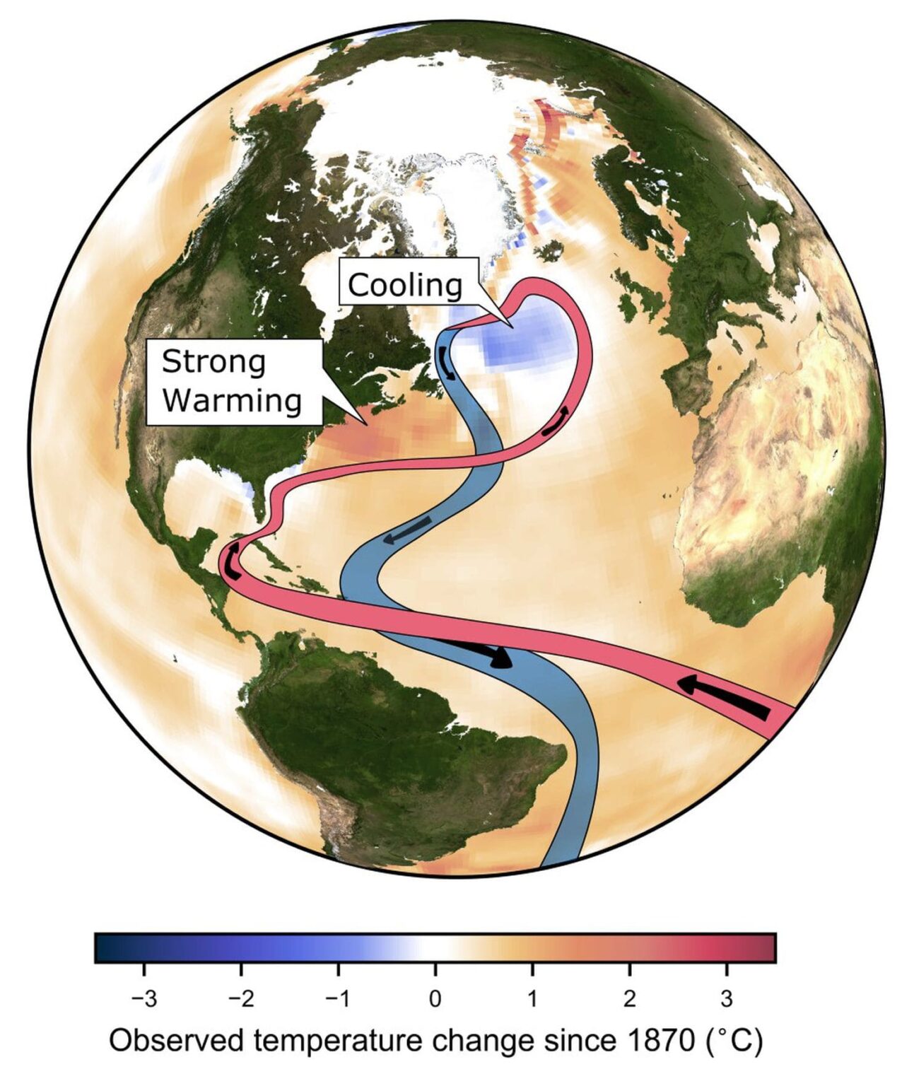 Diagram of the AMOC on map of atlantic with red line and arrows pointing north in red turning blue as it returns south