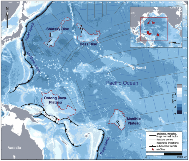 Map of the Pacific Ocean tectonic plate highlights four oceanic plateaus and their edge. 