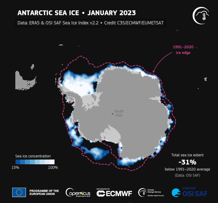 Animation showing sea ice extent in Antarctica in 2023