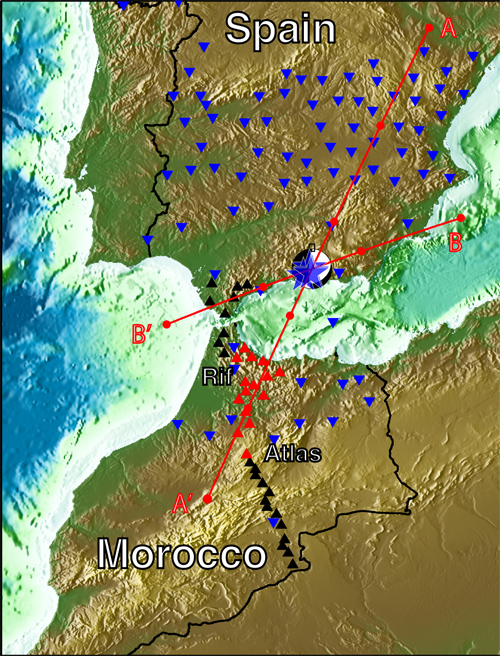 Map of seismic station across spain and morocco