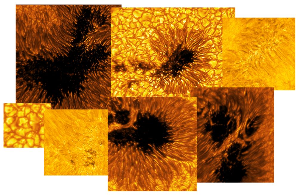 لقطات مقربة لأنماط مختلفة على سطح الشمس بما في ذلك البقع الشمسية