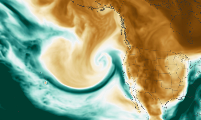 map of US with swirl of atmospheric currents off west coast