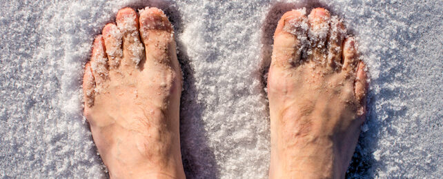 bare feet standing in snow