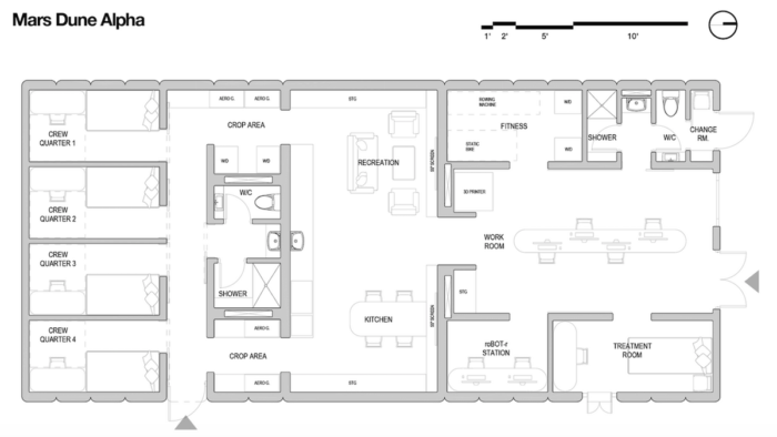 Floor plan showing four bedrooms, living, work and fitness areas.