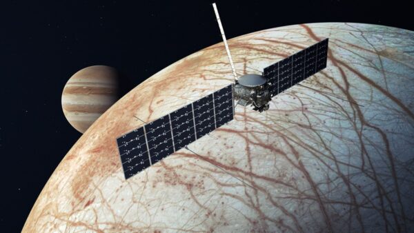 Illustration of clipper over Europa with Jupiter in the Background