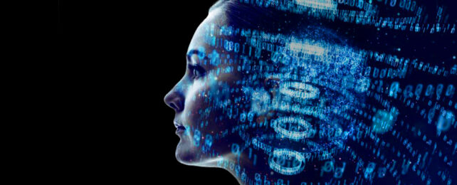 Women face glowing with rim lighting fading out to black where code swirls in blue