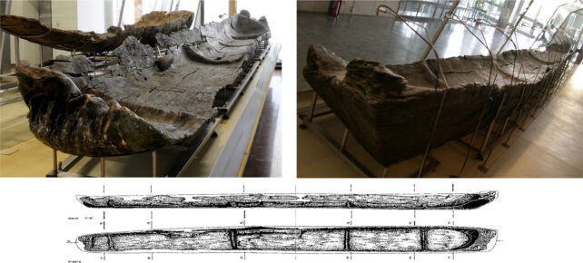 Two photos of wooden canoe on display in museum space with black and white sketches of the boat. 