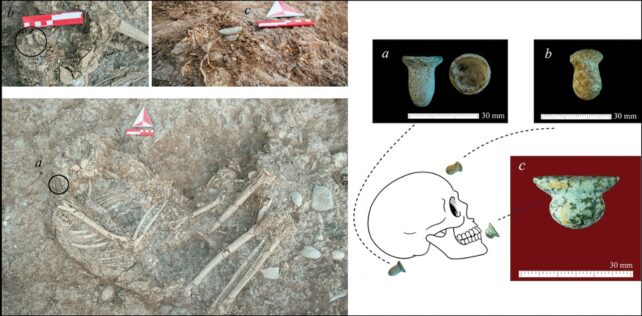 Panel of images showing position of ornaments next to skulls of excavated skeletons. 