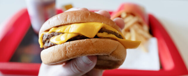 Point of view shot of a person eating a hamburger, red plastic tray with drink and fries in background.