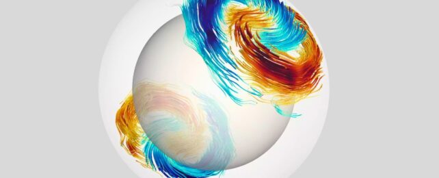 Colorful swirls around a white sphere