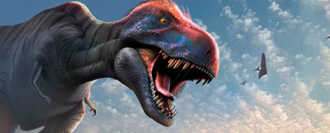 Digital painting of T Rex roaring down at prey