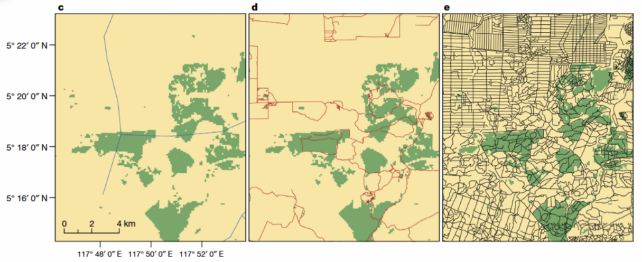 Panel of maps showing roads documented in official databases and identified in a new study of satellite imagery. 