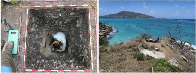 Two images showing an archeological excavation located beside the ocean. 