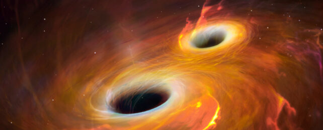 Artist's illustration of two black holes orbiting each other closely.