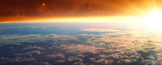 View from Earth's stratosphere with orange sunset