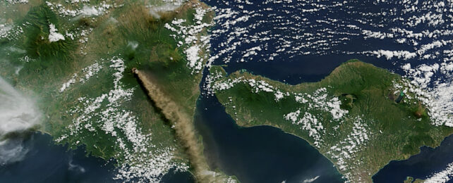mt ruang from space with plume of ash
