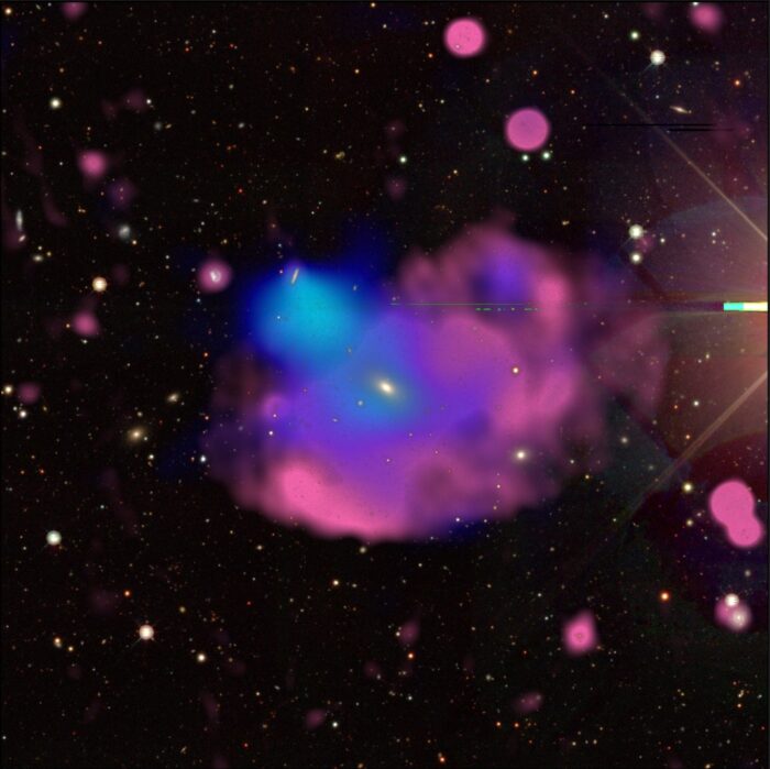 Blob of blue and magenta cloud in space