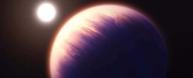 An artist's impression of a puffy cotton-candy world, looking pink on a dark sky with a sun like object in the background