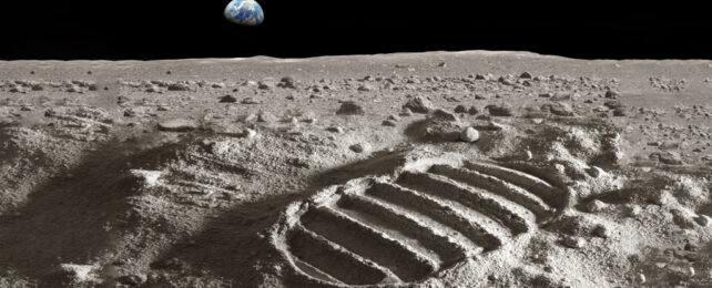 Illustration of a footprint on the moon with earth in the background