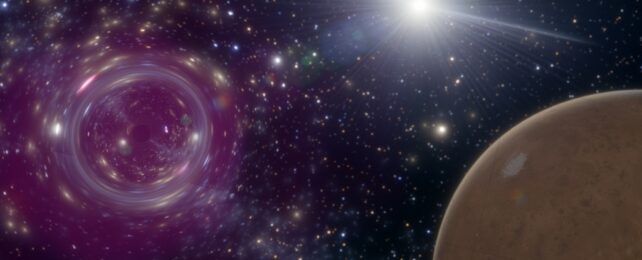 Illustration of a black hole in a starry sky near Mars