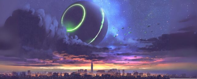 Digital painting of city scape under colorful sunset and field of stars with spherical UFO