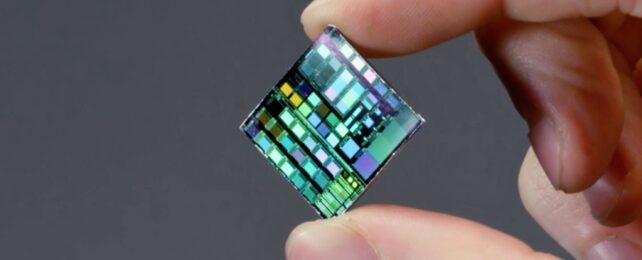 A hand holding a very small computer chip