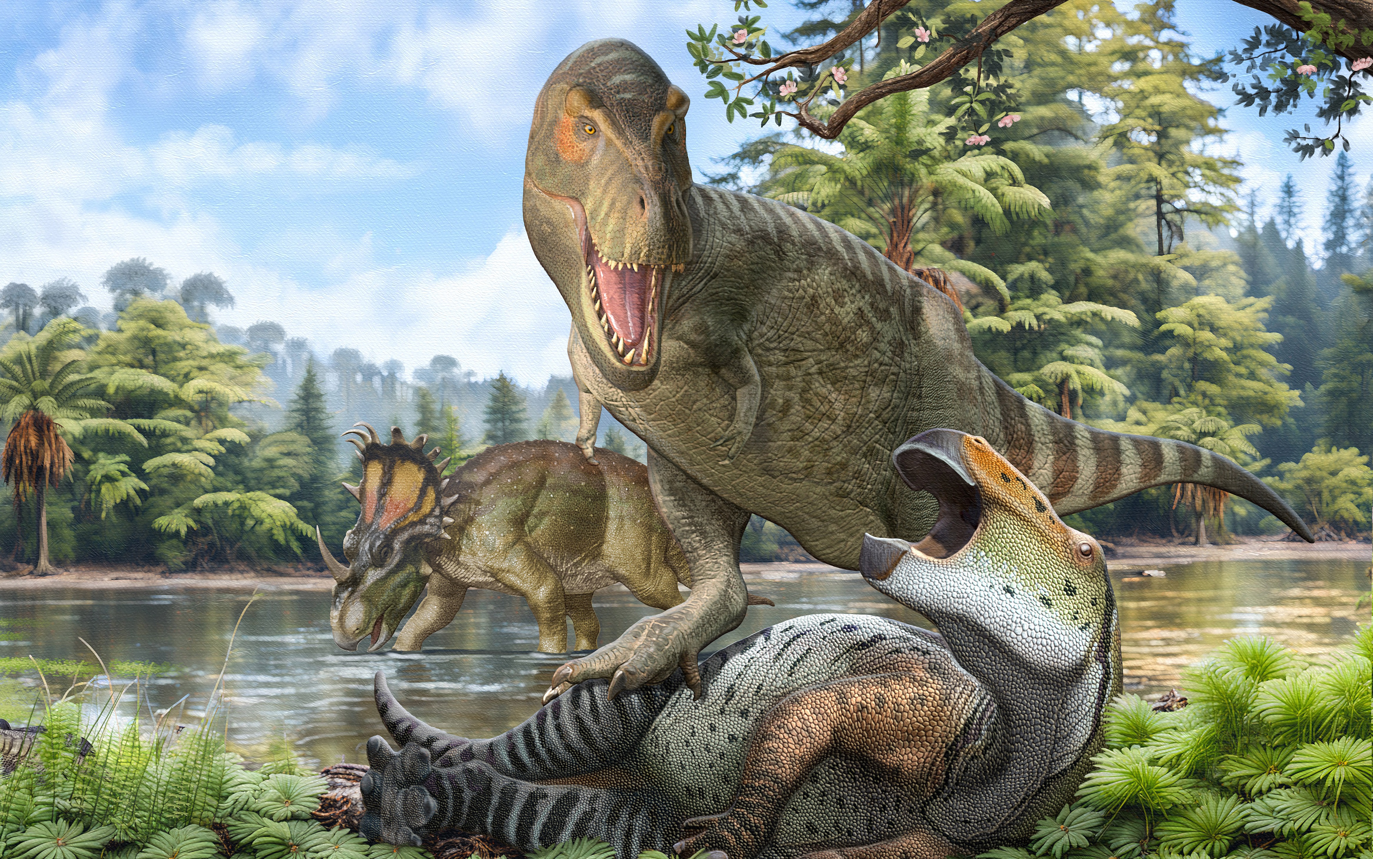 Crop of main image. This crop illustrates the end Cretaceous northern hemisphere fauna, which was dominated by tyrannosaurids (such as Tyrannosaurus rex), hadrosaurs and ceratopsian ornithischian dinosaurs.