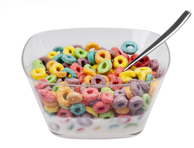 a bowl of Froot Loops breakfast cereal, a common example of ultra-processed foods