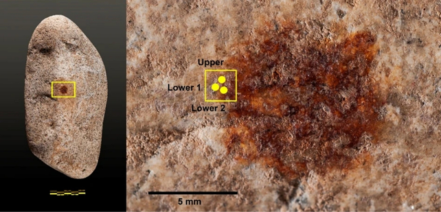 A rock with a yellow box highlighting the fingerprint, and a large image of the fingerprint