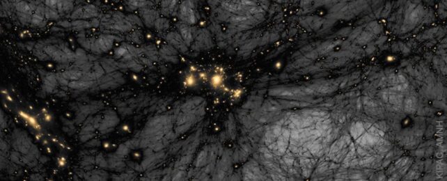 Gold stars in cloudy space interrupted by tangles of dark filaments