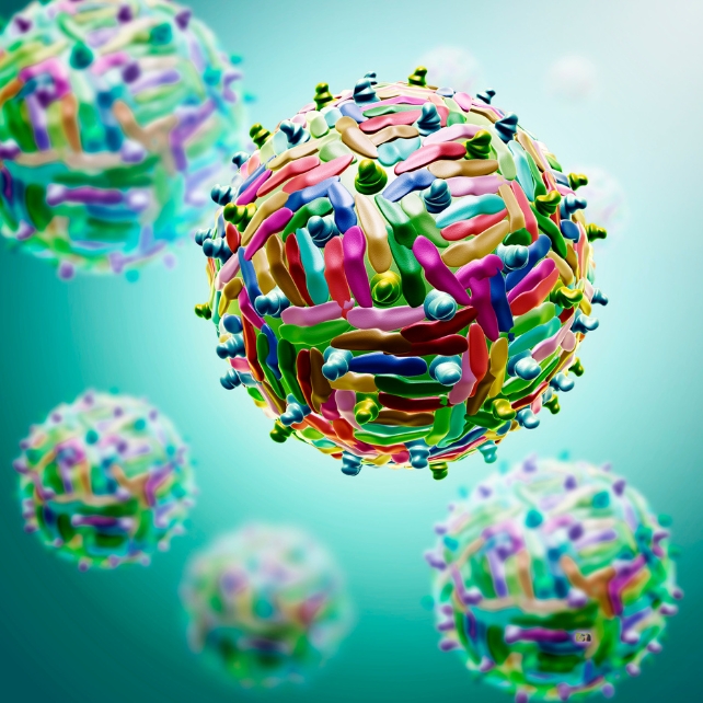 An illustration of a colorful virus particle