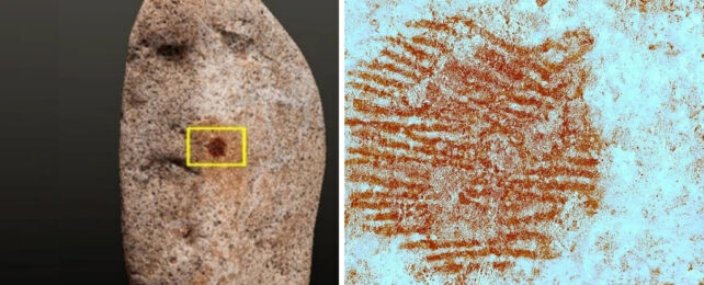 A rock with a yellow box highlighting the fingerprint, and a large image of the fingerprint