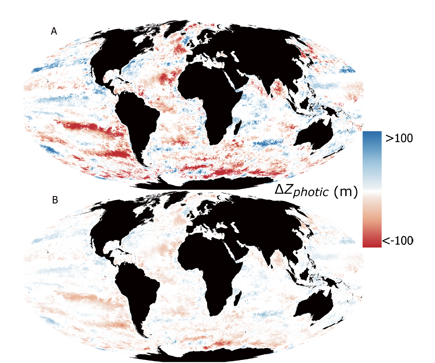 two world maps with ocean color coded to show increase (blue) and decrease (red) in photic zone depth. the top map shows a lot of red and blue, while the bottom map shows less but still patches of colour.